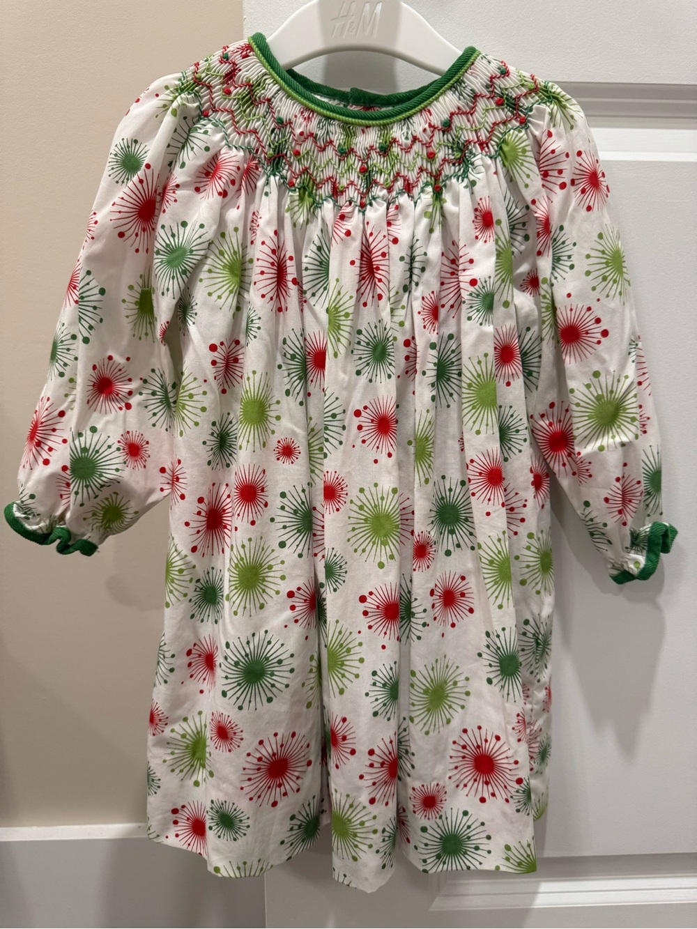 Petit Ami White Dress with Green & Red Starburst Print
